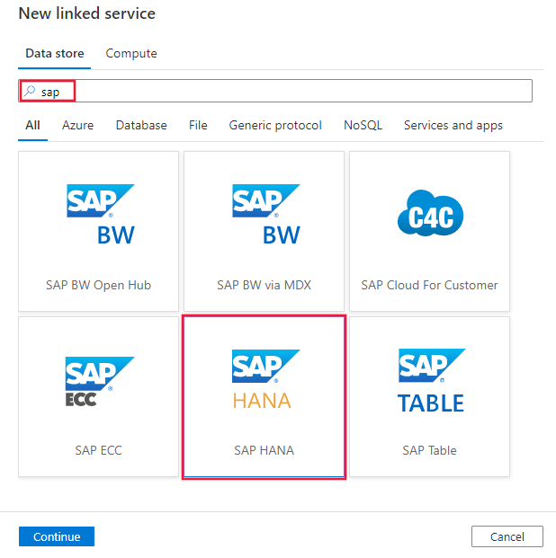 SAP HANA 커넥터의 스크린샷.