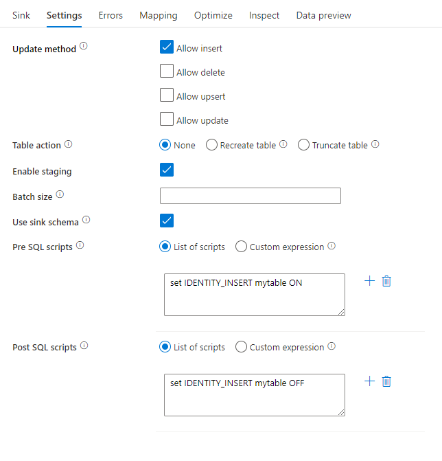 Azure Synapse Analytics 데이터 흐름의 사전 및 사후 SQL 처리 스크립트를 보여 주는 스크린샷.