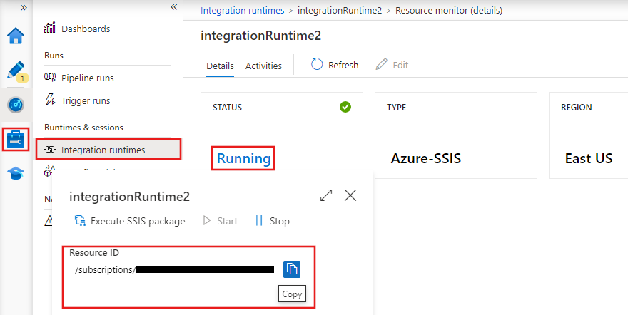 Azure Data Factory SSIS IR 리소스 ID를 찾기 위한 선택 항목을 보여주는 스크린샷.