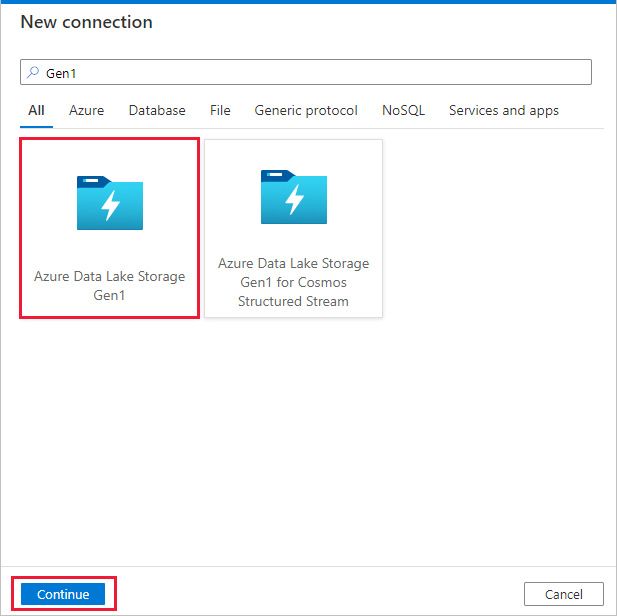 Azure Data Lake Storage Gen1 연결을 선택하는 페이지를 보여 주는 스크린샷