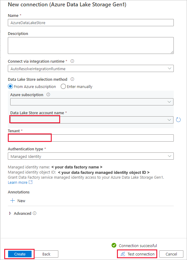 Azure Data Lake Storage Gen1 연결의 구성을 보여 주는 스크린샷.