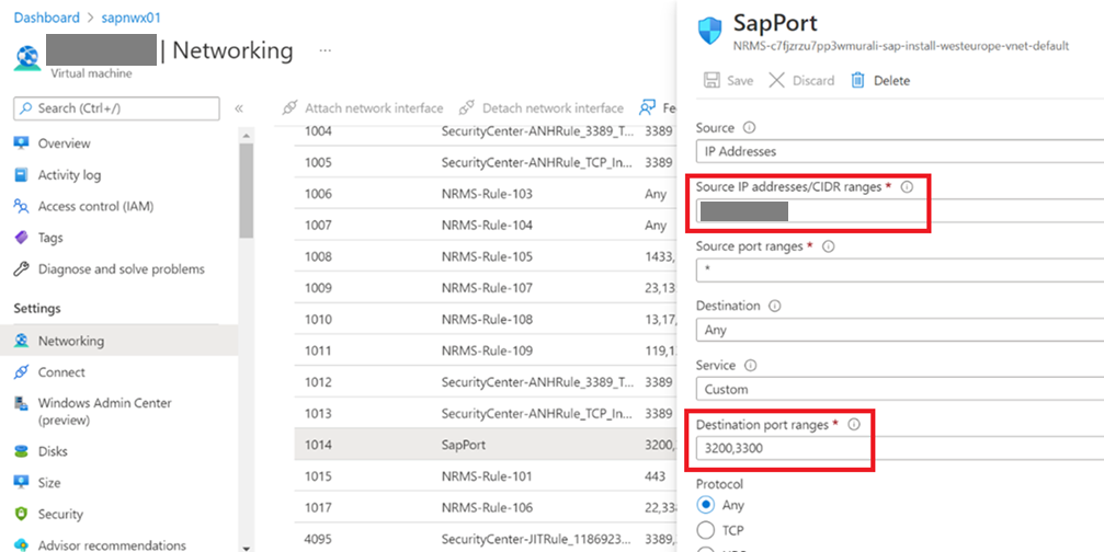 런타임이 SAP 시스템에 연결할 네트워크 보안 규칙을 추가하는 Azure Portal 네트워킹 구성의 스크린샷.