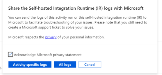 "Microsoft로 자체 호스팅 IR(통합 런타임) 로그 공유" 창의 스크린샷