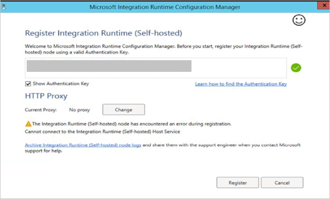 IR 등록 오류를 표시하는 Integration Runtime 구성 관리자 창의 스크린샷