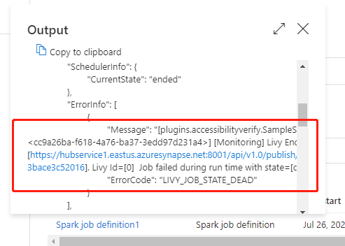Spark 작업 정의 작업의 출력 사용자 오류에 대한 UI가 실행되는 스크린샷.