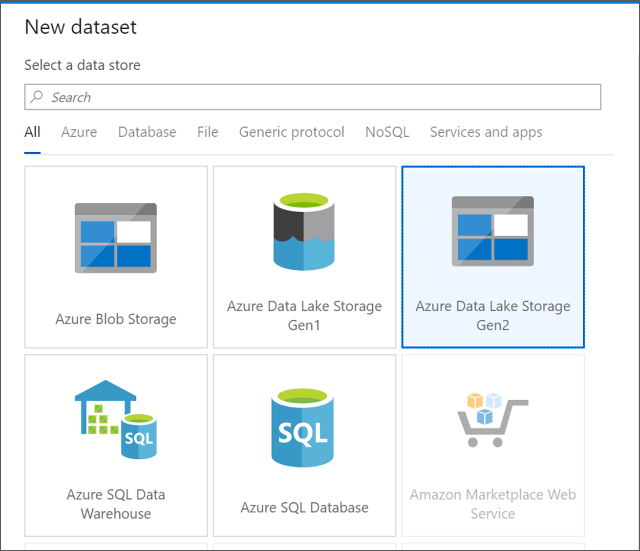 Azure Data Lake Storage Gen2 타일의 위치를 보여 주는 스크린샷