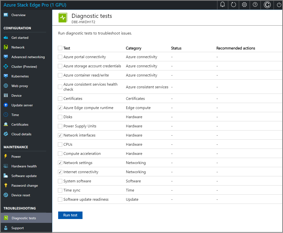 Azure Stack Edge 디바이스의 로컬 웹 UI에 있는 [진단 테스트] 페이지를 보여주는 스크린샷.