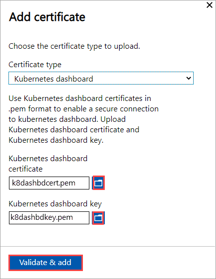 Azure Stack Edge 디바이스에 Kubernetes 대시보드 인증서를 추가할 때 인증서 추가 화면을 보여주는 스크린샷. 인증서 및 키 파일의 찾아보기 단추가 강조 표시됩니다.