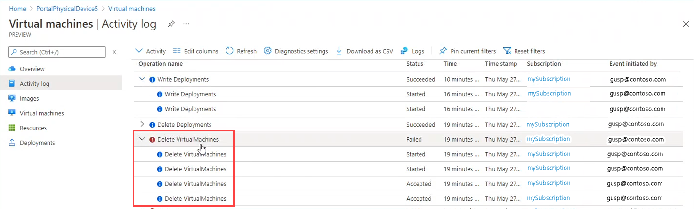 Azure Stack Edge 디바이스에서 Virtual Machines의 활동 로그 페이지를 보여 주는 스크린샷. 확장된 작업이 목록에서 강조 표시됩니다.