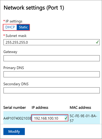 Azure Stack Edge 디바이스의 로컬 웹 UI 포트 1 네트워크 설정을 보여주는 스크린샷.