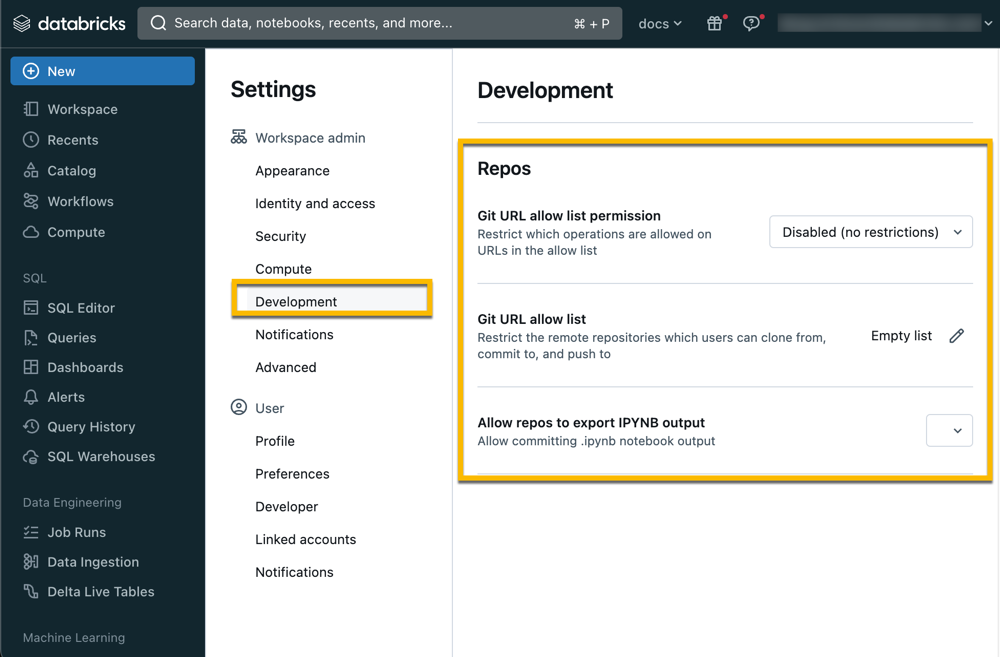 The Development pane under Admin Settings, used to set user Git access