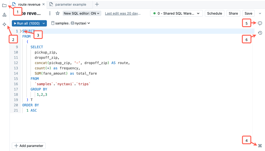 텍스트에 표시된 대로 레이블이 지정된 설명선이 있는 SQL 편집기를 보여 주는 스크린샷