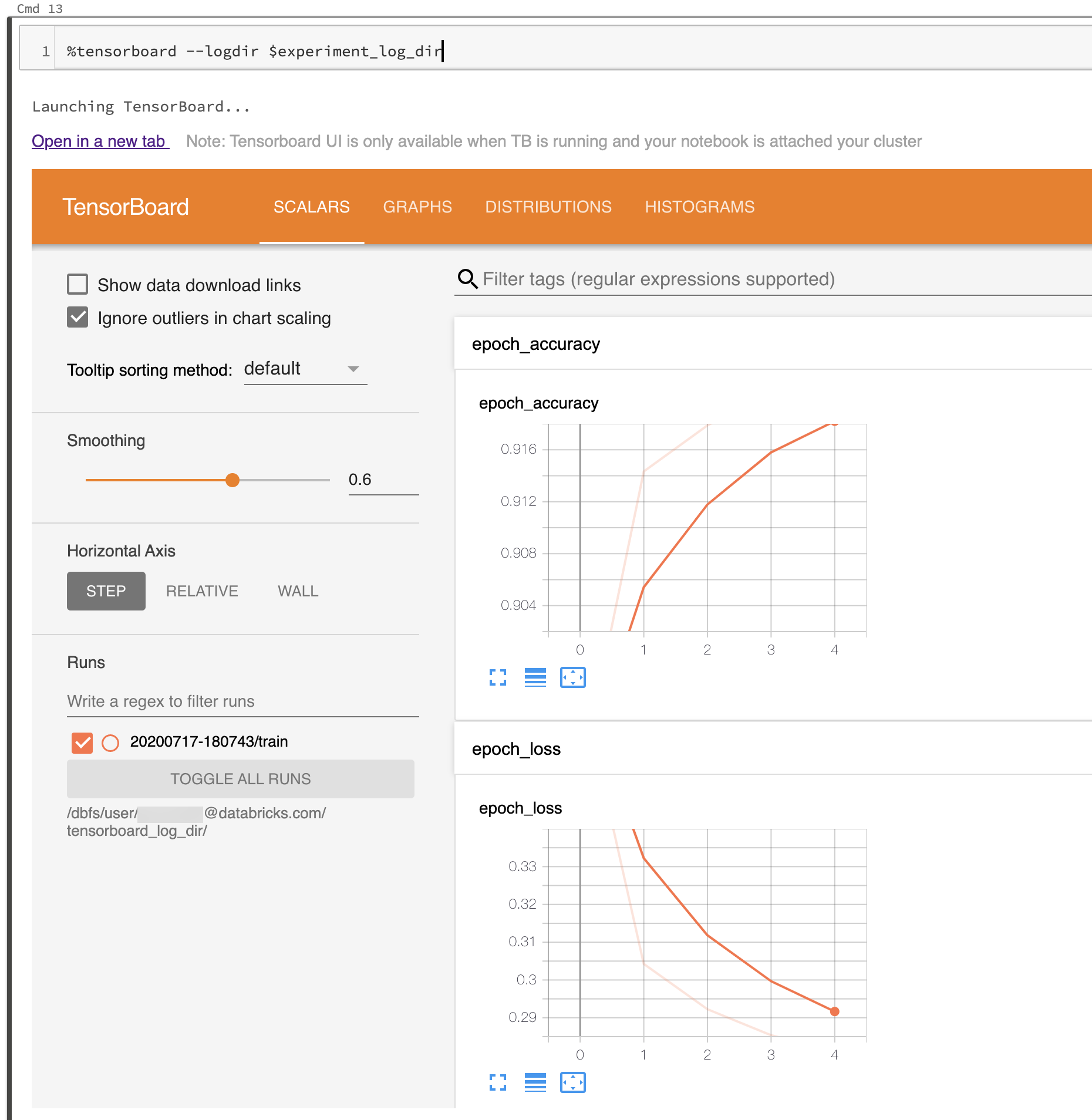 채워진 로그 디렉터리에서 시작된 TensorBoard UI