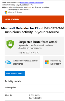 의심되는 무차별 암호 대입 공격(brute force attack)에 대한 클라우드용 Defender의 메일 알림