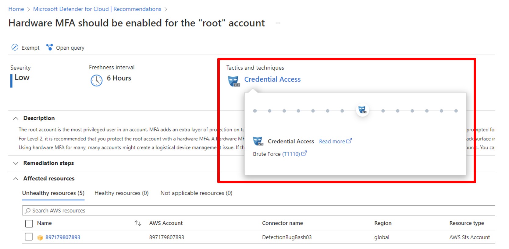 Azure Portal에서 MITRE 공격이 있는 위치를 보여 주는 스크린샷