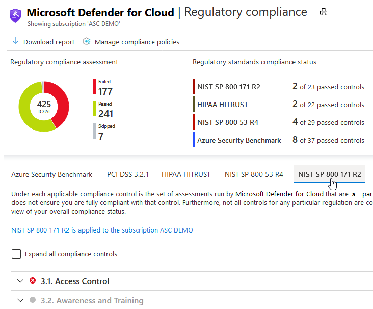 Security Center 규정 준수 대시보드의 NIST SP 800 171 R2 표준