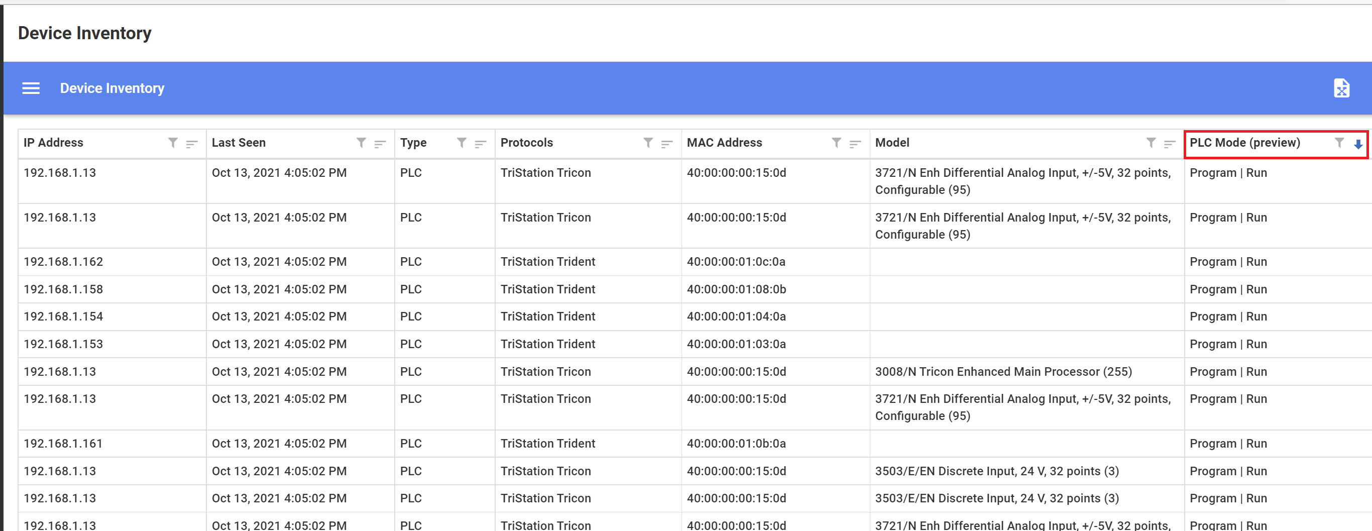 Device inventory showing PLC operating mode.