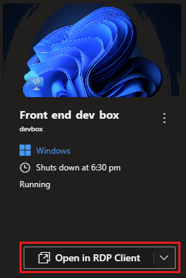 RDP 클라이언트에서 열기 옵션이 있는 사용자 개발 상자 카드의 스크린샷.