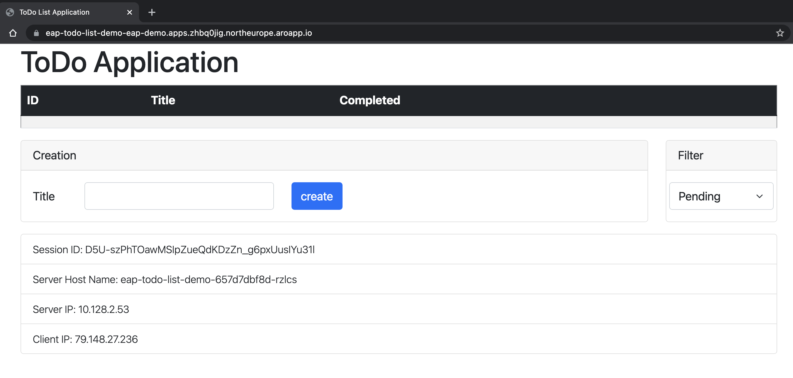 실행 중인 OpenShift 애플리케이션의 스크린샷.