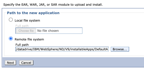 업로드하고 설치할 모듈을 지정하는 IBM WebSphere 대화 상자의 스크린샷