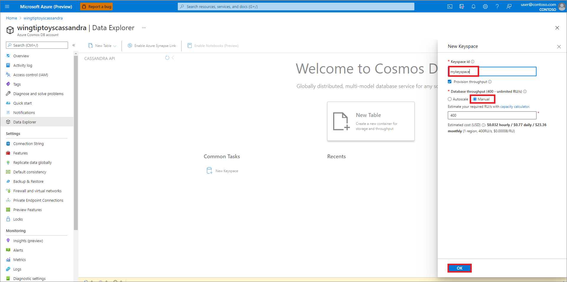 Azure Cosmos DB 키스페이스를 만듭니다.