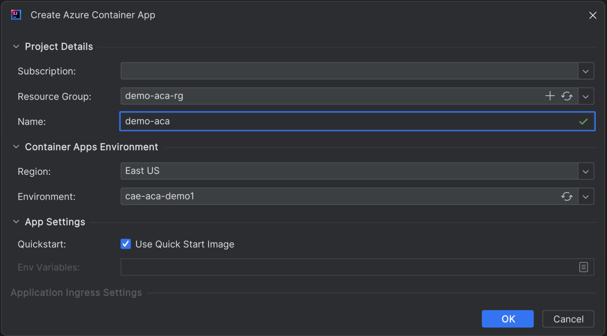 Azure Container App 만들기 대화 상자를 보여 주는 Intelli J의 스크린샷