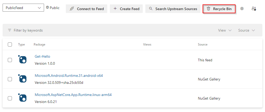 Azure Artifacts에서 휴지통에 액세스하는 방법을 보여 주는 스크린샷