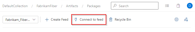 Azure DevOps Server 2020.1에서 피드에 연결하는 방법을 보여 주는 스크린샷