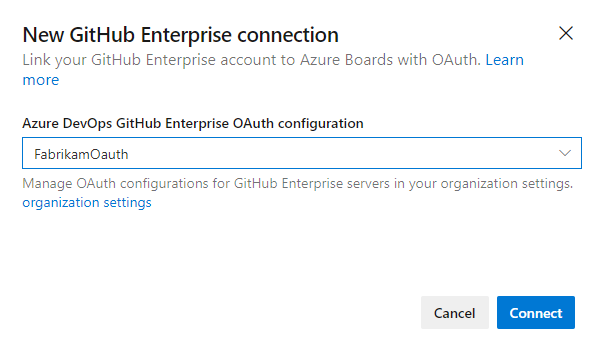 새 GitHub Enterprise 연결, OAuth 대화 상자 스크린샷