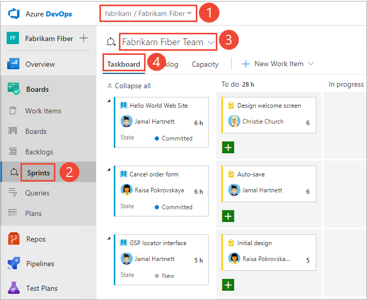 팀의 스프린트 태스크보드인 Azure DevOps 2019를 여는 방법을 보여 주는 스크린샷