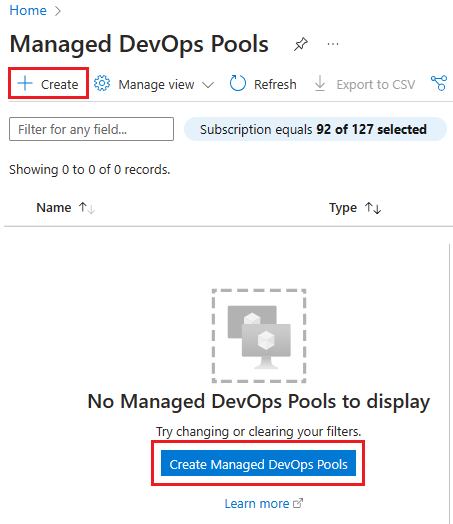 관리형 DevOps 풀 만들기 단추의 스크린샷