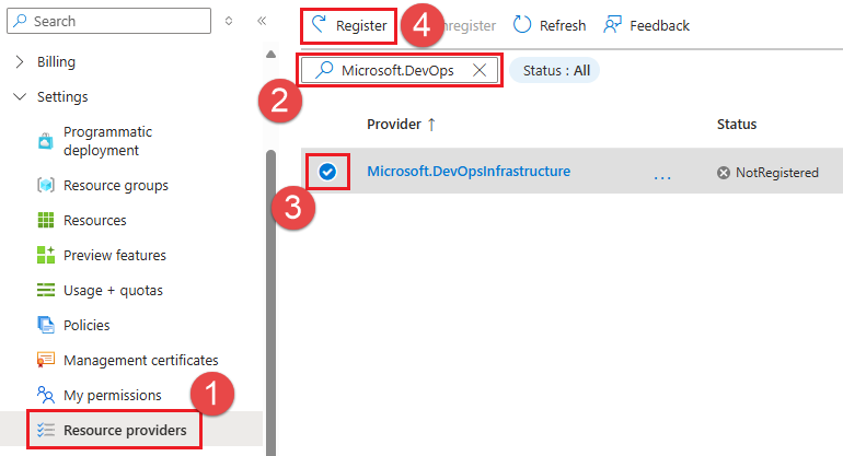 관리되는 DevOps 풀 Azure 리소스 공급자를 등록하는 스크린샷.