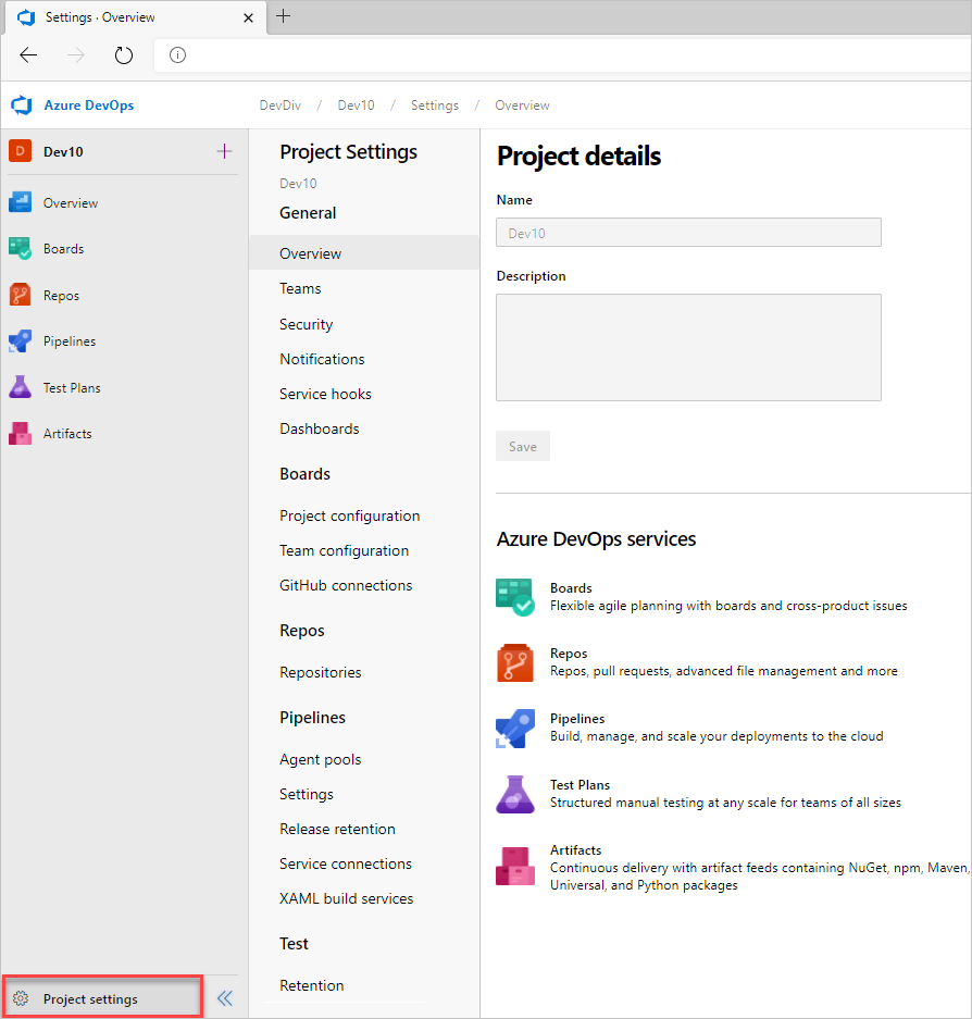 프로젝트 설정 페이지, Azure DevOps Server 2022의 스크린샷
