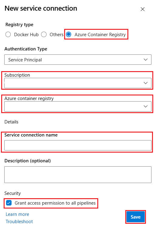 Azure Container Registry의 새 서비스 연결 스크린샷