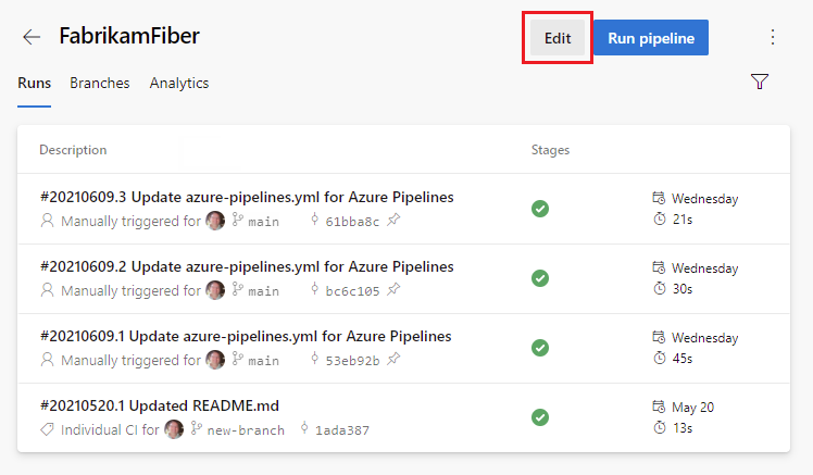 Azure Pipelines YAML 편집 단추.