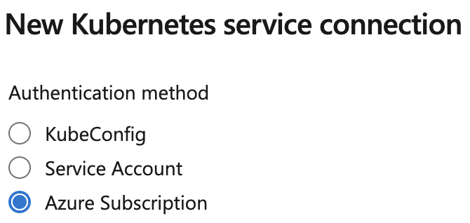 Kubernetes 서비스 연결 인증 방법을 선택하는 스크린샷