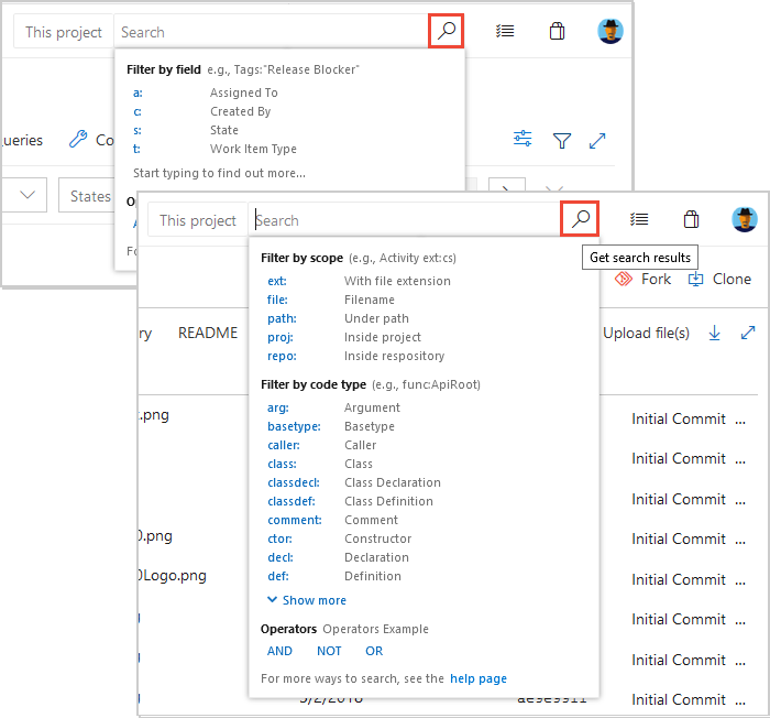 Azure DevOps의 검색 상자 스크린샷