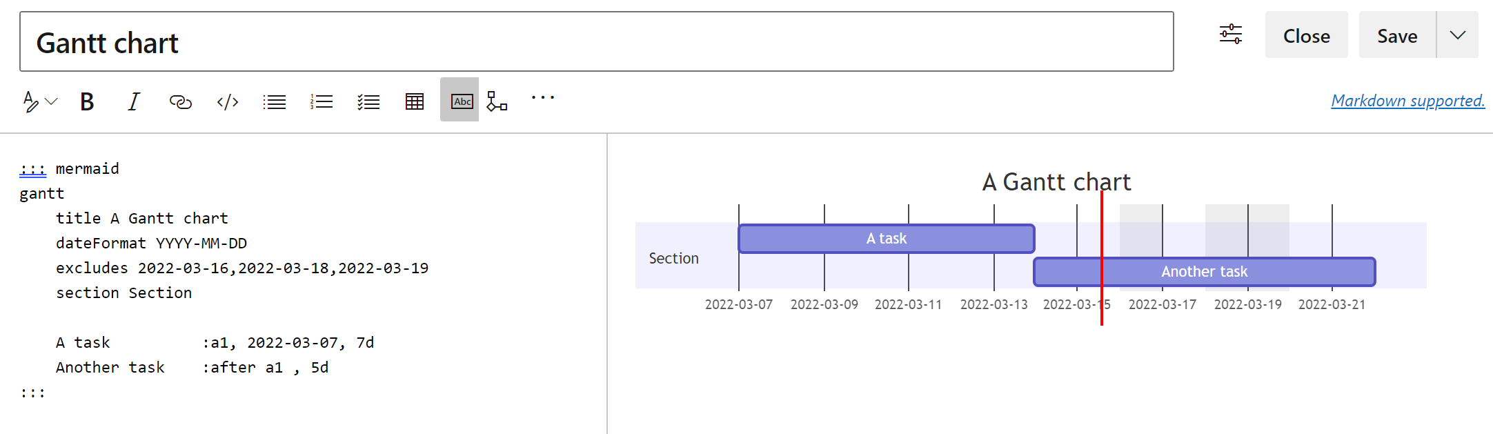 Gantt 차트에 대한 코드 및 미리 보기가 있는 인어 라이브 편집기를 보여 주는 스크린샷