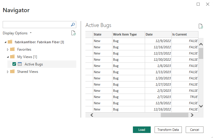 분석 보기를 선택하는 탐색기의 Power BI 대화 상자 스크린샷. 