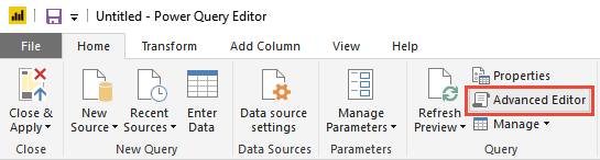 Power BI OData 피드에 대해 선택된 고급 편집기 보여 주는 스크린샷