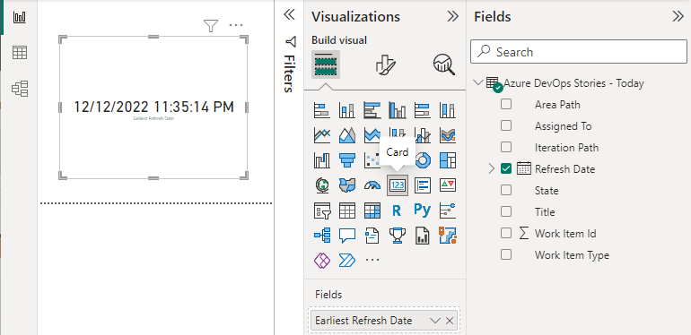 Power BI Desktop, 카드, 새로 고침 날짜가 적용된 스크린샷