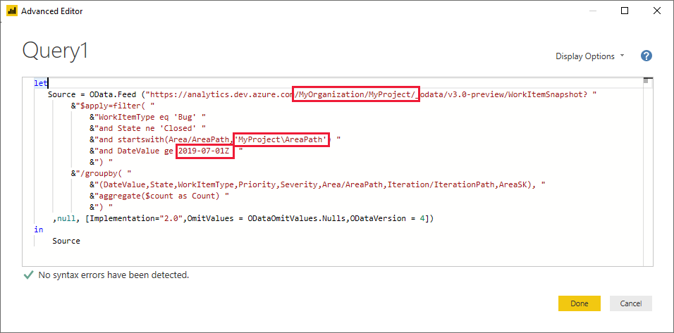 쿼리에서 Power BI, 고급 편집기, 문자열 바꾸기 스크린샷