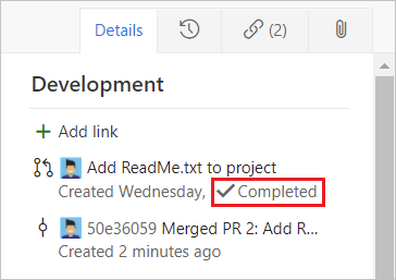 완료된 P R을 보여 주는 연결된 작업 항목의 스크린샷