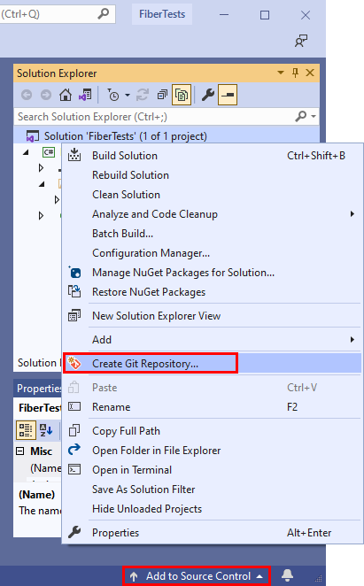 Visual Studio 2019의 솔루션 탐색기 상황에 맞는 메뉴에 있는 'Git 리포지토리 만들기' 옵션의 스크린샷