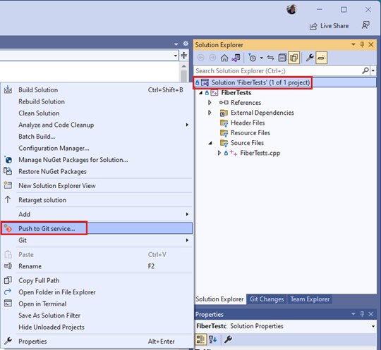 Visual Studio 2022 상황에 맞는 메뉴의 'Git 서비스에 푸시' 옵션의 스크린샷.