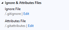 Visual Studio 2019의 팀 탐색기에서 무시 또는 특성 파일에 대한 편집 단추를 보여 주는 스크린샷