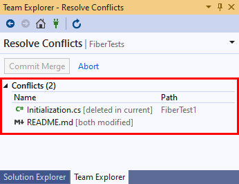 Visual Studio 2019 팀 탐색기의 충돌 해결 보기에 있는 충돌 목록의 스크린샷