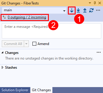 Visual Studio 2019의 Git 변경 내용 창에 있는 가져오기 단추 및 들어오는 링크의 스크린샷