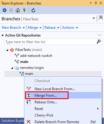 Visual Studio 2019의 팀 탐색기 분기 보기에 있는 병합 시작 옵션의 스크린샷