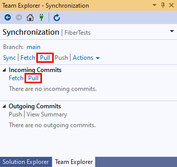 Visual Studio 2019 팀 탐색기의 동기화 보기에 있는 끌어오기 옵션의 스크린샷